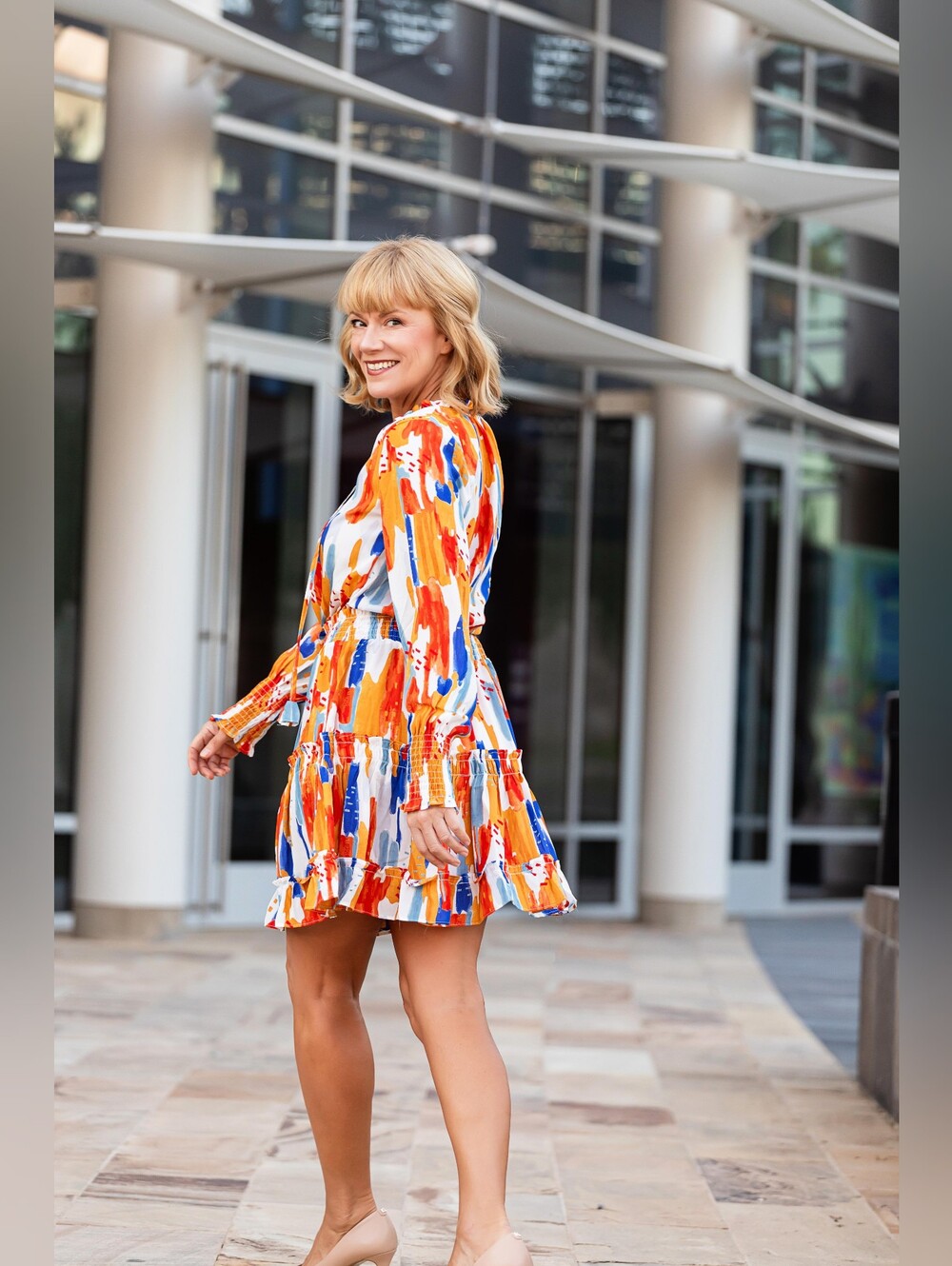 Vibrant Abstract Brushstroke Mini Dress in Orange & Blue